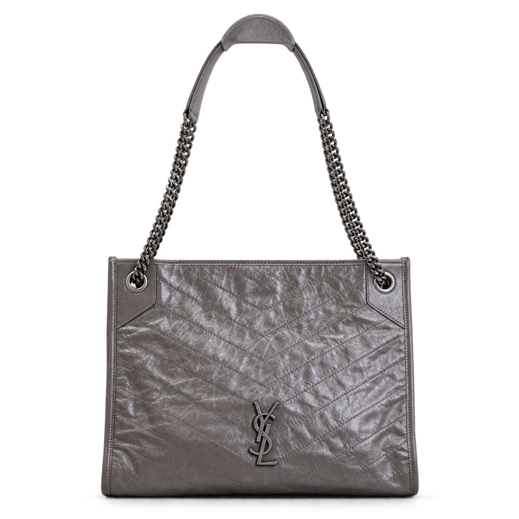 YSL Niki Shopping Bag in grey chevron-quilted crinkled leather with dual gunmetal chain straps, padded top handle and tone-on-tone YSL monogram, front view