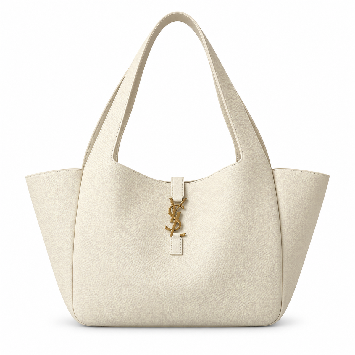 Saint Laurent YSL Bea large open-top tote bag in cream ivory grained calfskin leather with gold YSL monogram charm pendant and double top handles