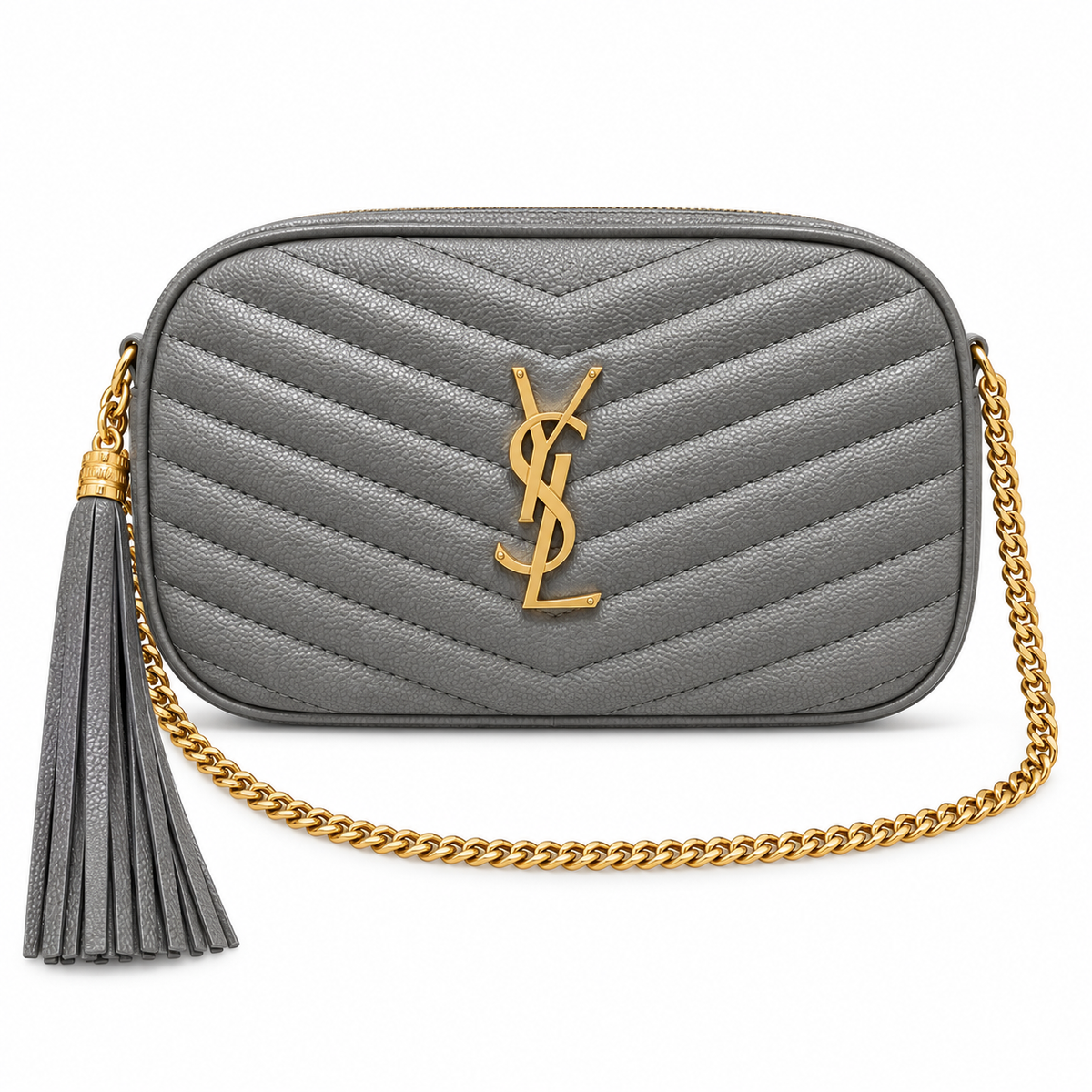 Saint Laurent YSL Lou Camera Bag in Grey Grained Leather with Gold YSL Monogram Chevron Quilting Grey Tassel and Gold Chain Strap
