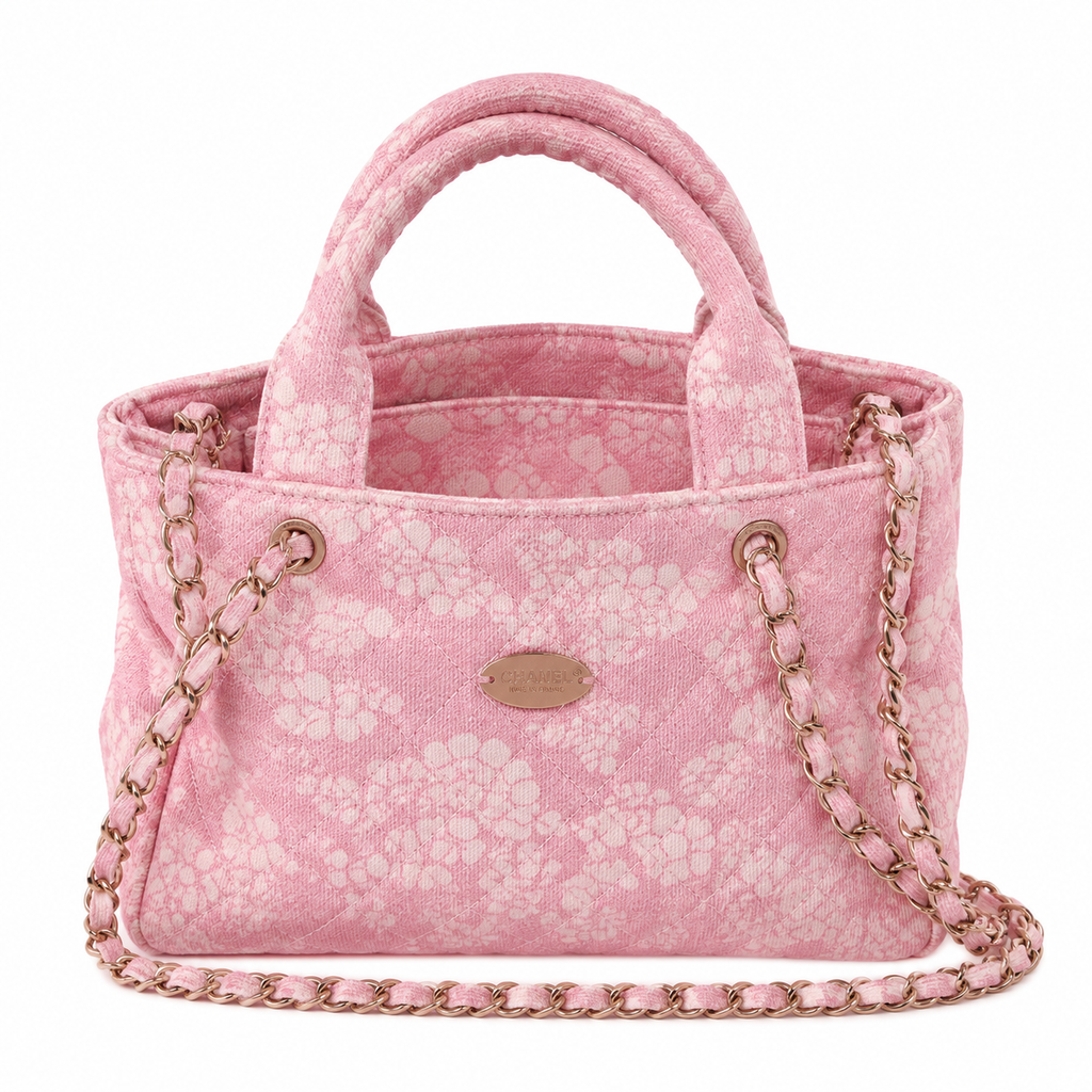 Chanel Pink Floral Jacquard Quilted Shopping Tote | Rose Gold CC Turn-Lock, Dual Tube Handles & Rose Gold Chain