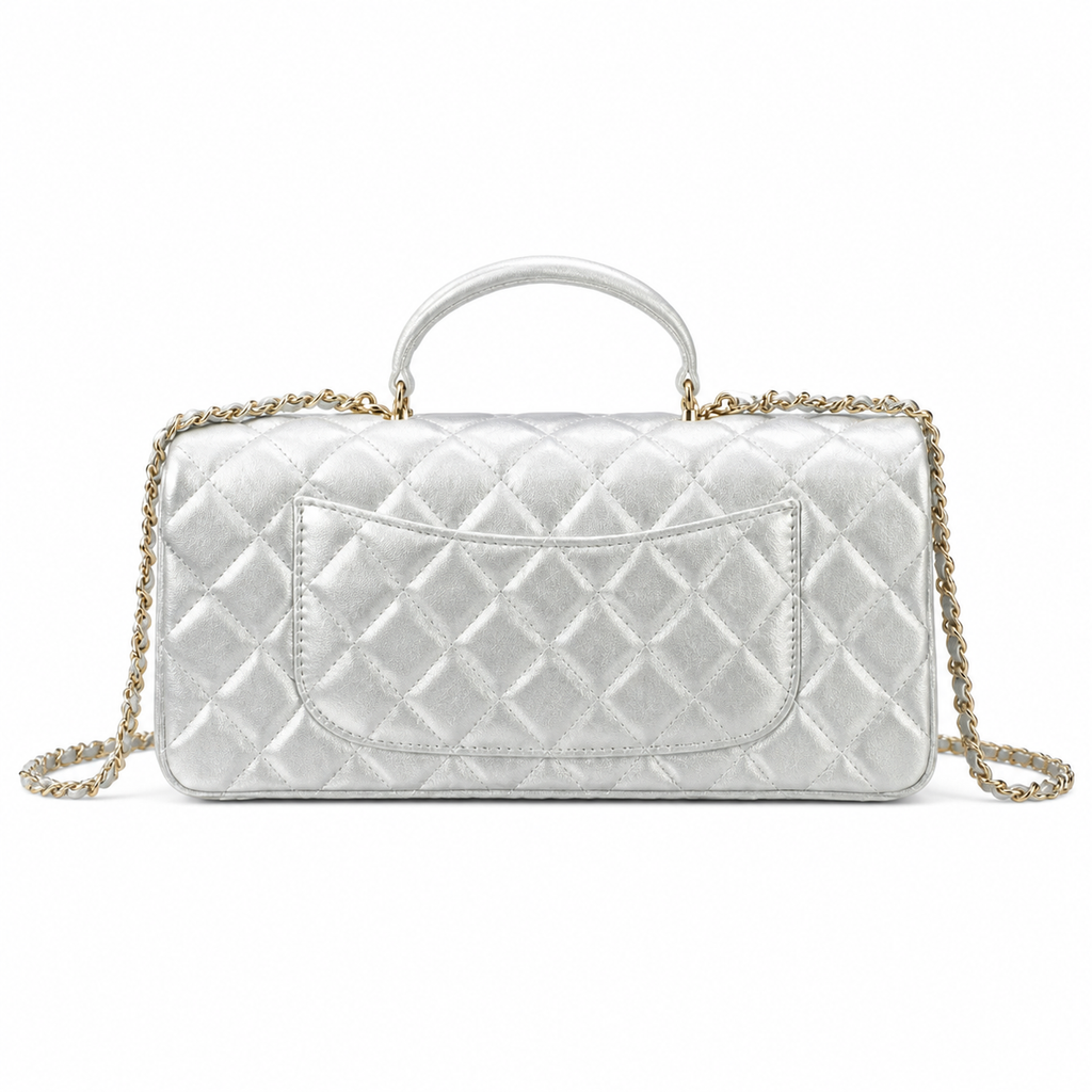 Chanel Mirror Silver Quilted Classic Flap | Top Handle & Back Exterior Pocket — 25cm