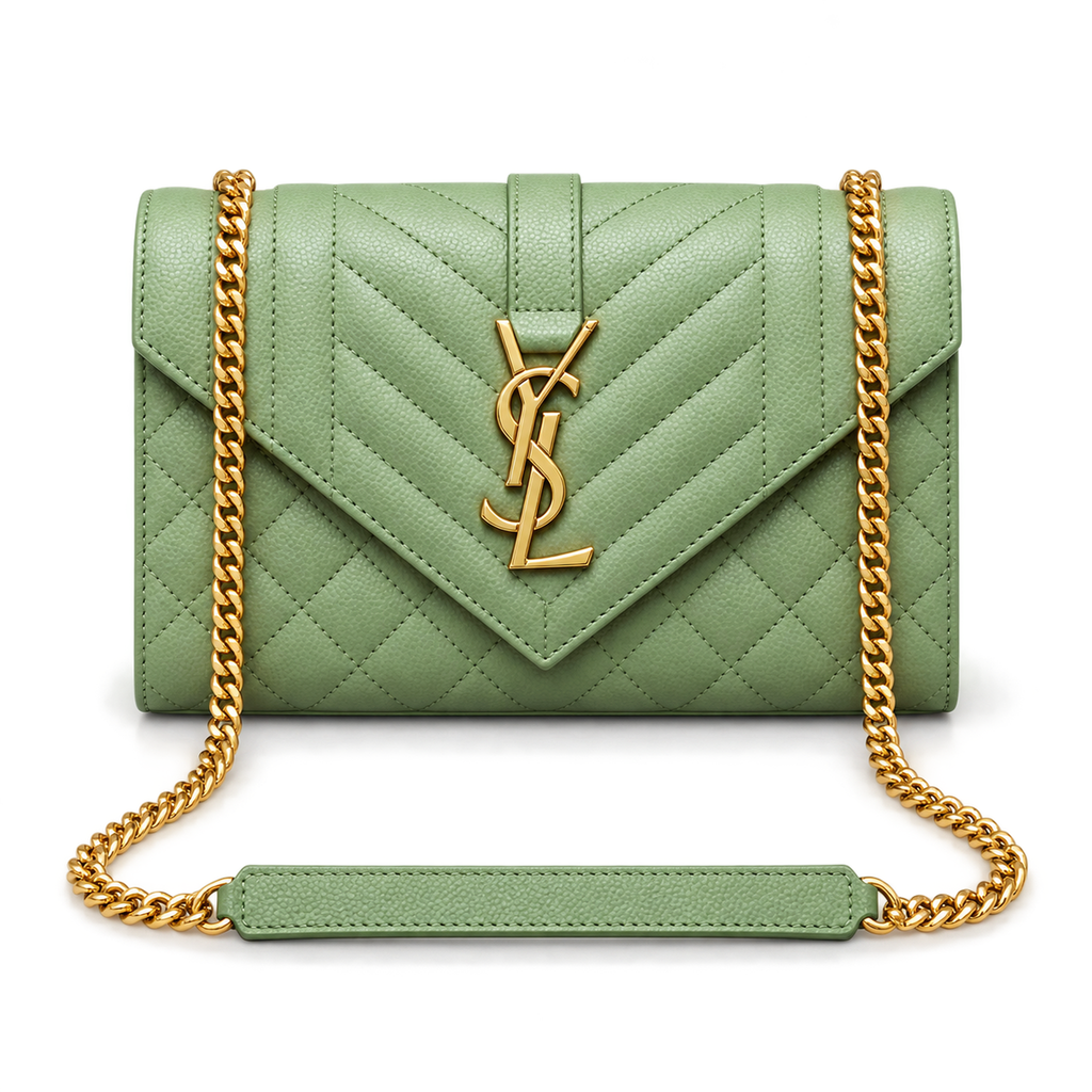 Saint Laurent YSL Envelope Bag in Sage Mint Green Mix-Matelasse Quilted Grained Leather with Shiny Gold YSL Monogram Mixed Chevron Quilting and Gold Curb Chain Strap