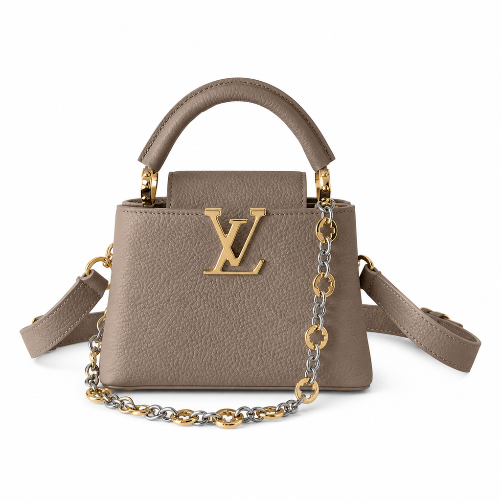 Louis Vuitton Capucines Mini Taupe Taurillon Leather with Two-Tone Gold Silver Chain Strap and Gold LV Clasp