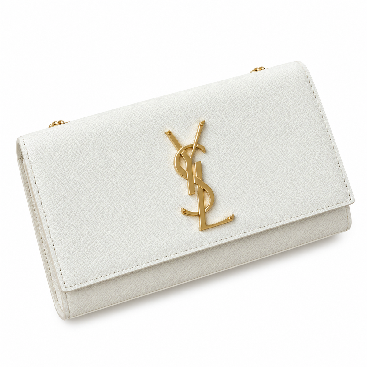 Saint Laurent YSL Kate chain wallet on chain in cream off-white suede calfskin with oversized gold YSL monogram magnetic flap and gold chain strap