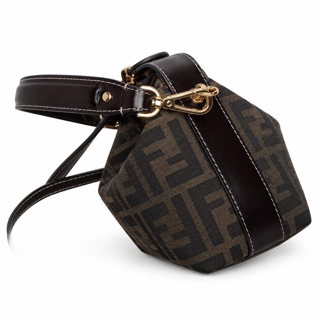 Fendi FF Mini Shoulder Bag – Jacquard Canvas & Leather Trim, Flap Closure, 15cm