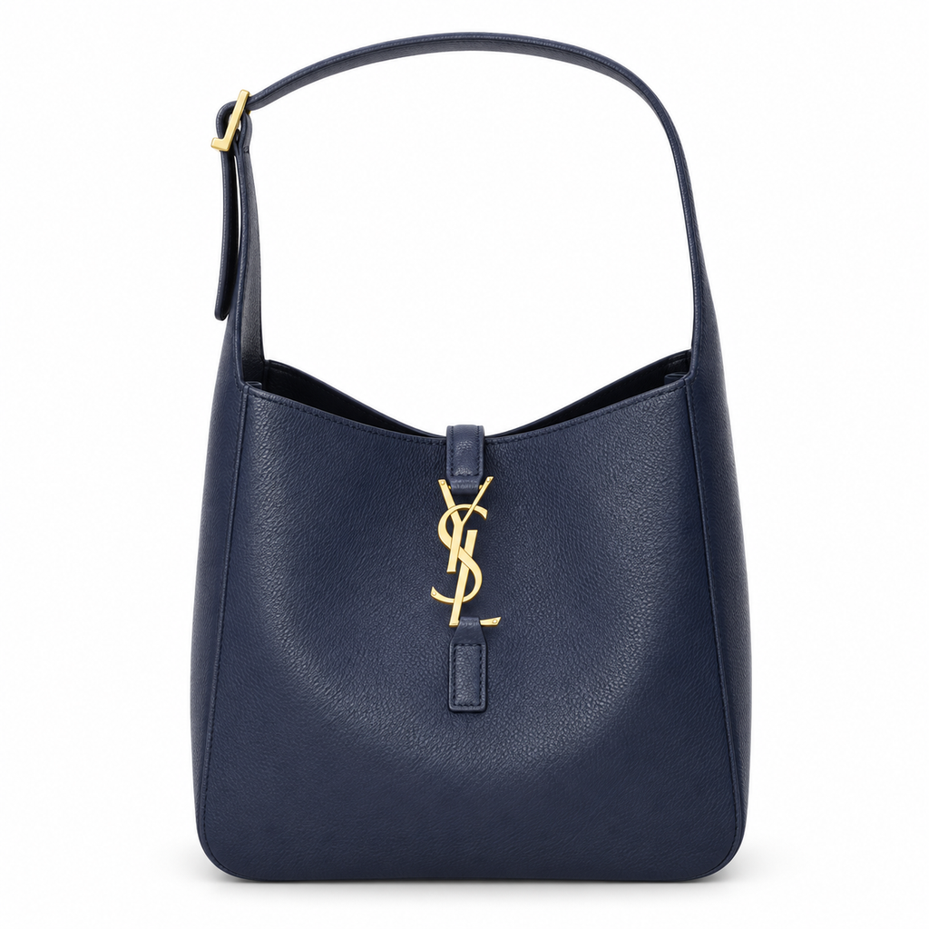 Saint Laurent YSL Le 5 à 7 Hobo Bag in Navy Midnight Blue Grained Leather with Shiny Gold YSL Toggle Closure and Adjustable Leather Shoulder Strap