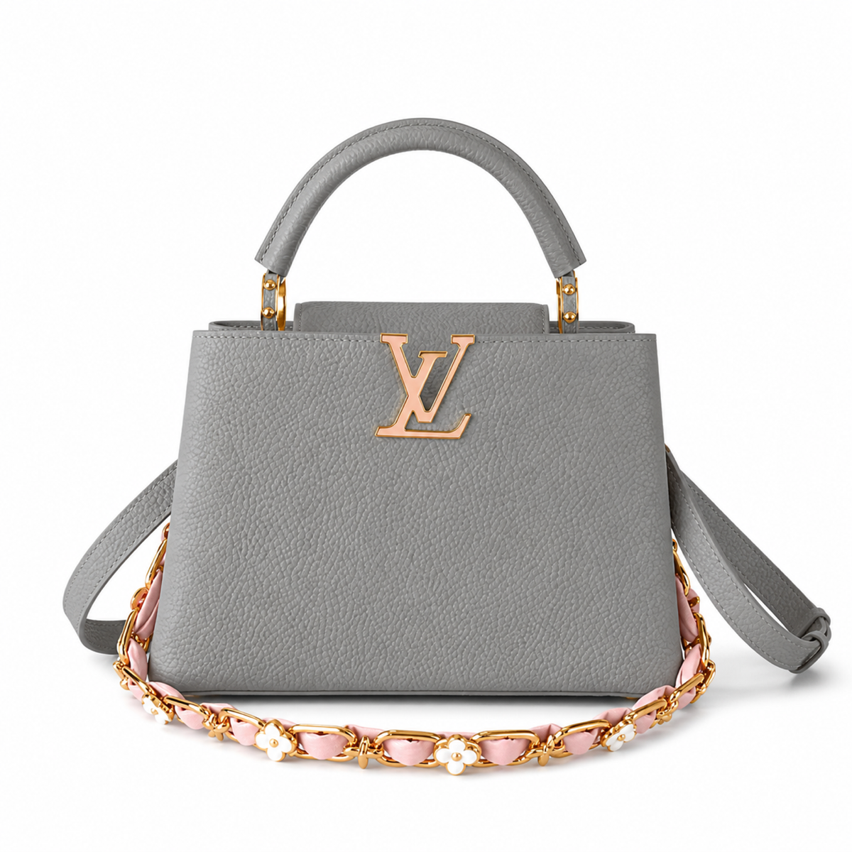 Louis Vuitton Capucines Mini Grey Taurillon Leather Bag with Pink Floral Chain Strap