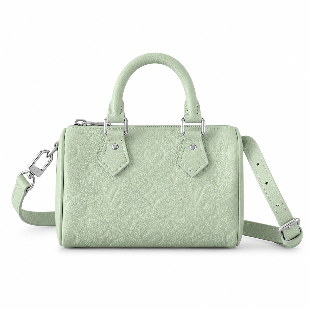 Louis Vuitton Speedy Nano mint green Monogram Empreinte leather top-handle mini bag with silver hardware and adjustable crossbody strap