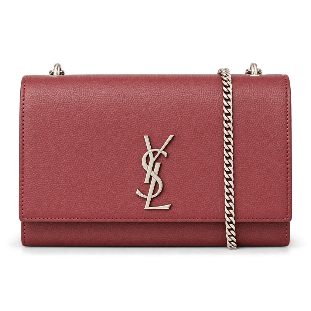 Saint Laurent YSL Kate Chain Bag in Burgundy Dark Red Grained Leather with Silver YSL Monogram and Silver Chain Strap