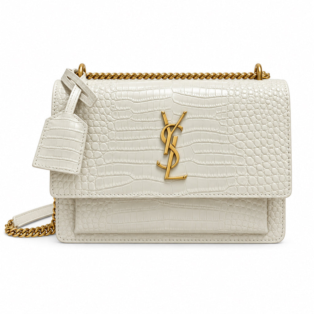 YSL Sunset Medium Bag Cream Croc-Embossed Leather Gold Chain