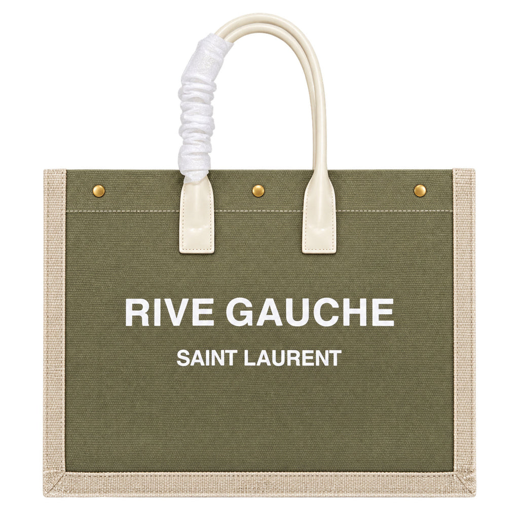 Saint Laurent Rive Gauche Large Tote Bag in Khaki Olive Canvas with Cream Leather Trim Bold White Logo and Antique Gold Stud Details