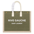 Saint Laurent Rive Gauche Large Tote Bag in Khaki Olive Canvas with Cream Leather Trim Bold White Logo and Antique Gold Stud Details