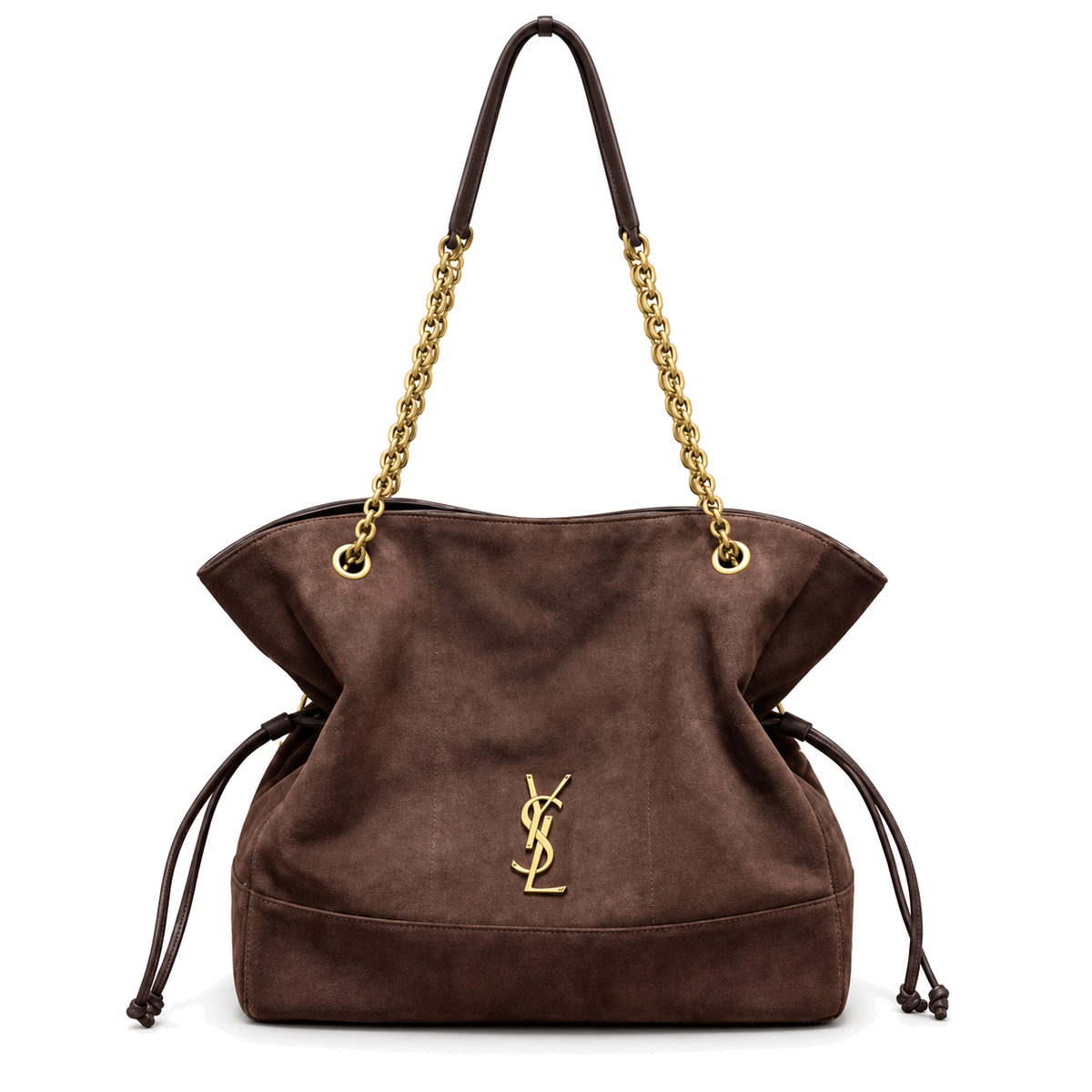 YSL Saint Laurent Jamie Tote Bag in brown suede with gold chain strap and YSL monogram hardware