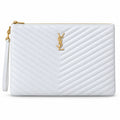 Saint Laurent YSL Monogram Clutch in White Smooth Leather with Gold YSL Monogram Chevron Quilting Zip Top and Wrist Strap