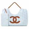Chanel Large Gathered Hobo Tote Quilted Lambskin Ice Blue Tan CC 43cm