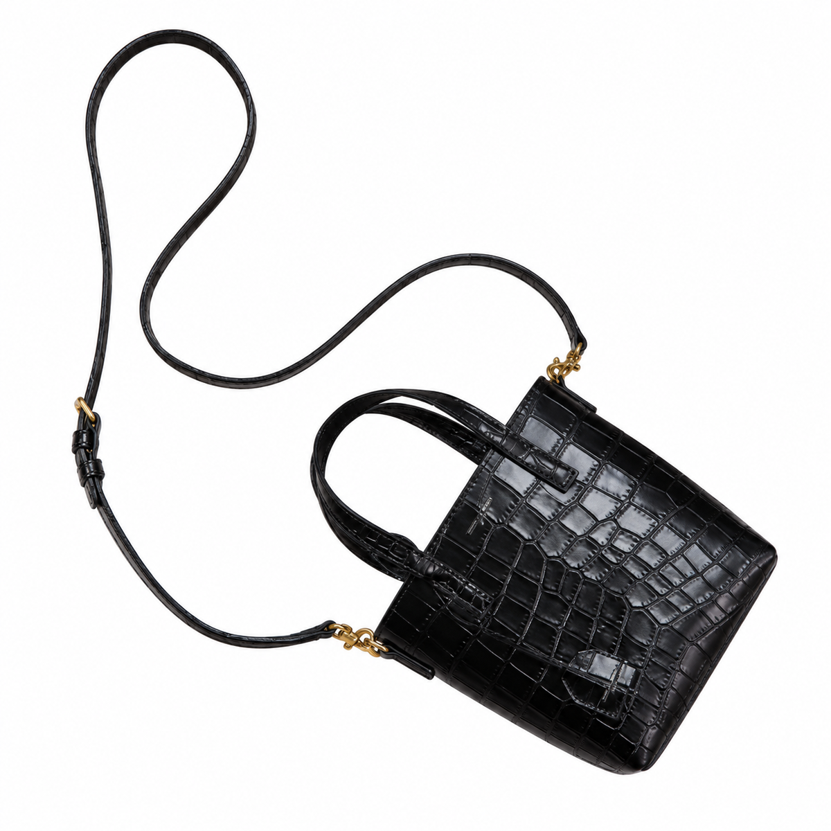 Saint Laurent YSL Mini Croc Bag – Black Embossed Leather