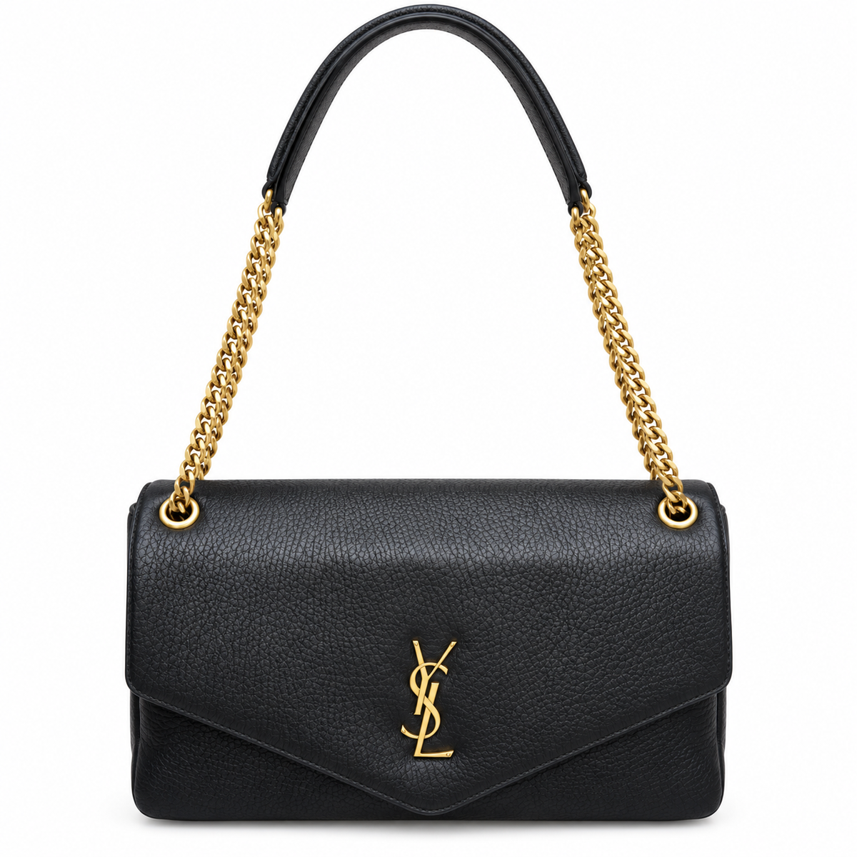 Saint Laurent YSL Calypso envelope flap chain shoulder bag in black grained calfskin leather with oversized gold YSL monogram single top handle and double gold curb chain