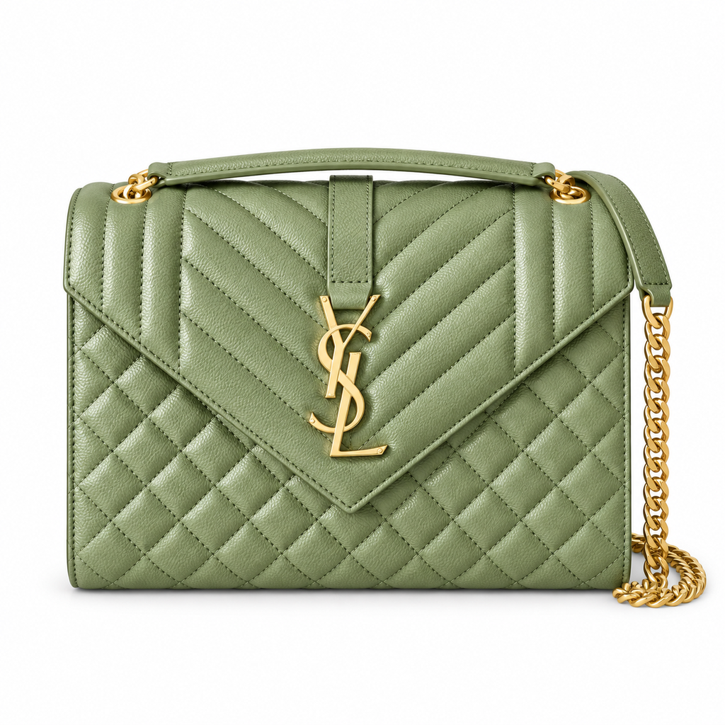Saint Laurent YSL College Medium Bag in Sage Olive Vert Kaki Green Mix-Matelasse Quilted Grained Leather with Shiny Gold YSL Monogram Chevron Quilting Top Handle and Gold Curb Chain Strap
