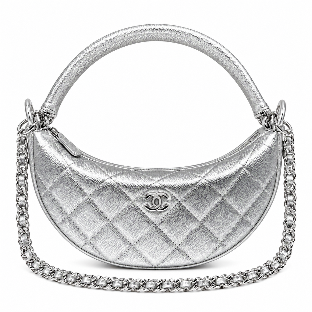 Chanel Crescent Hobo Quilted Metallic Caviar Silver Leather Handle 22cm