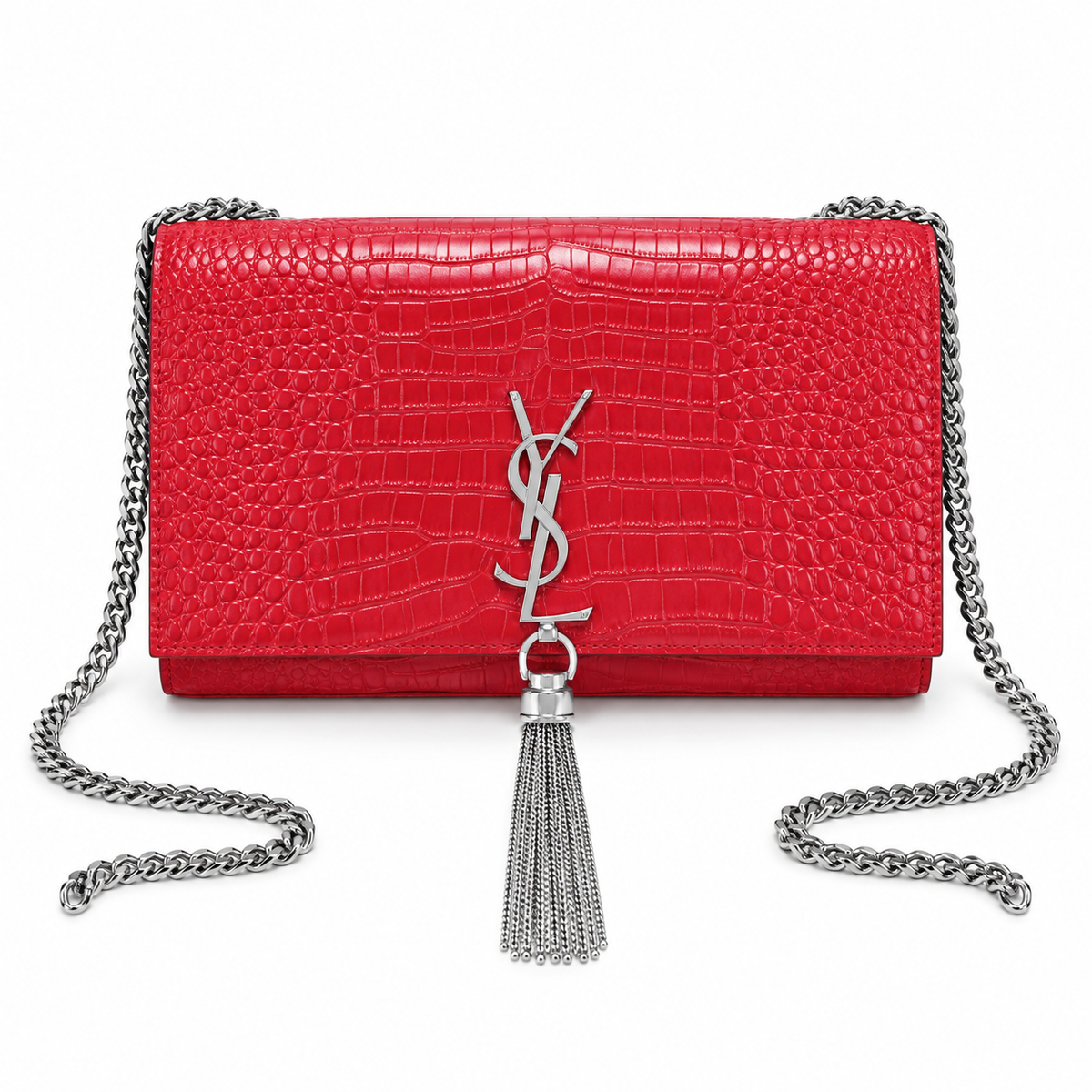 Saint Laurent YSL Kate Tassel Bag – Red Croc Silver