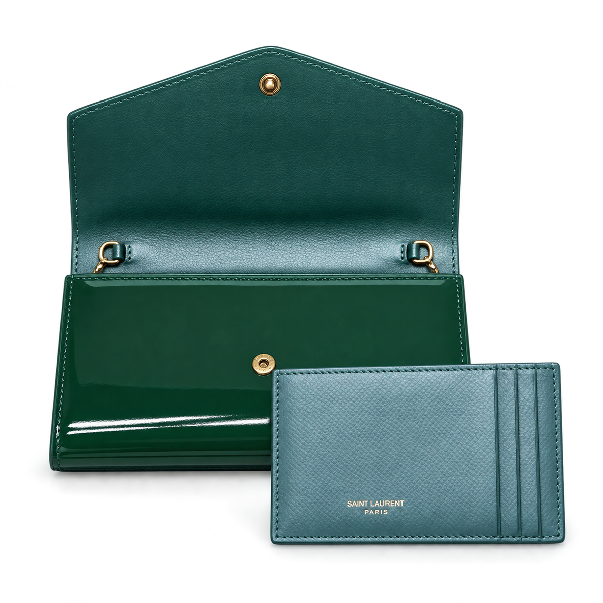 Saint Laurent Cassandra chain bag forest green patent leather open interior with teal grained lining and Saint Laurent Paris teal card holder set