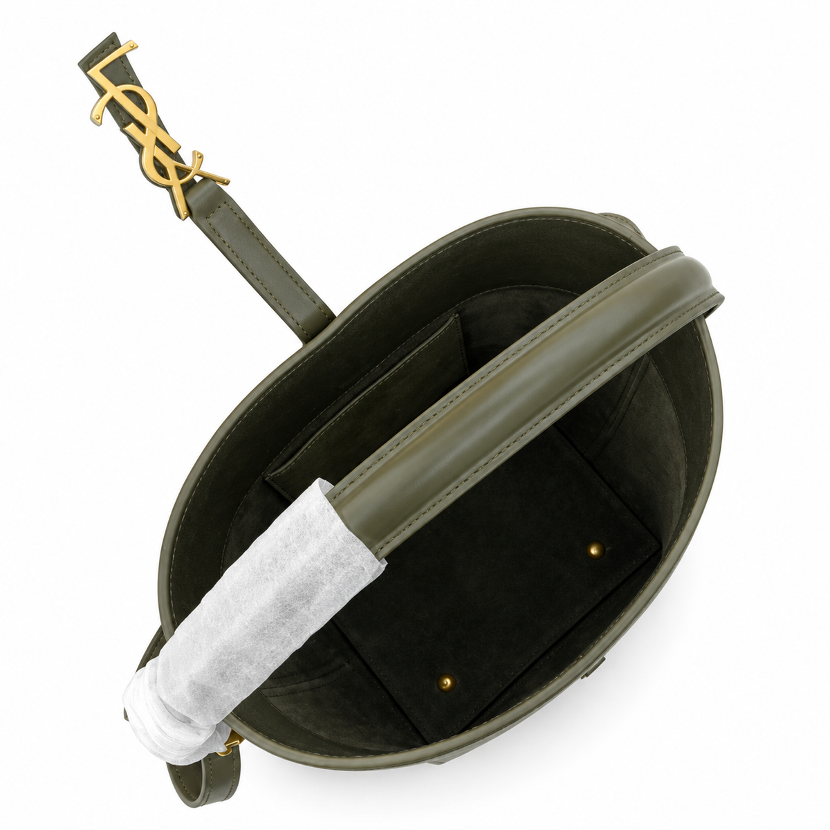 YSL Saint Laurent Le Petit Suzanne Bucket Bag in Khaki Smooth Leather