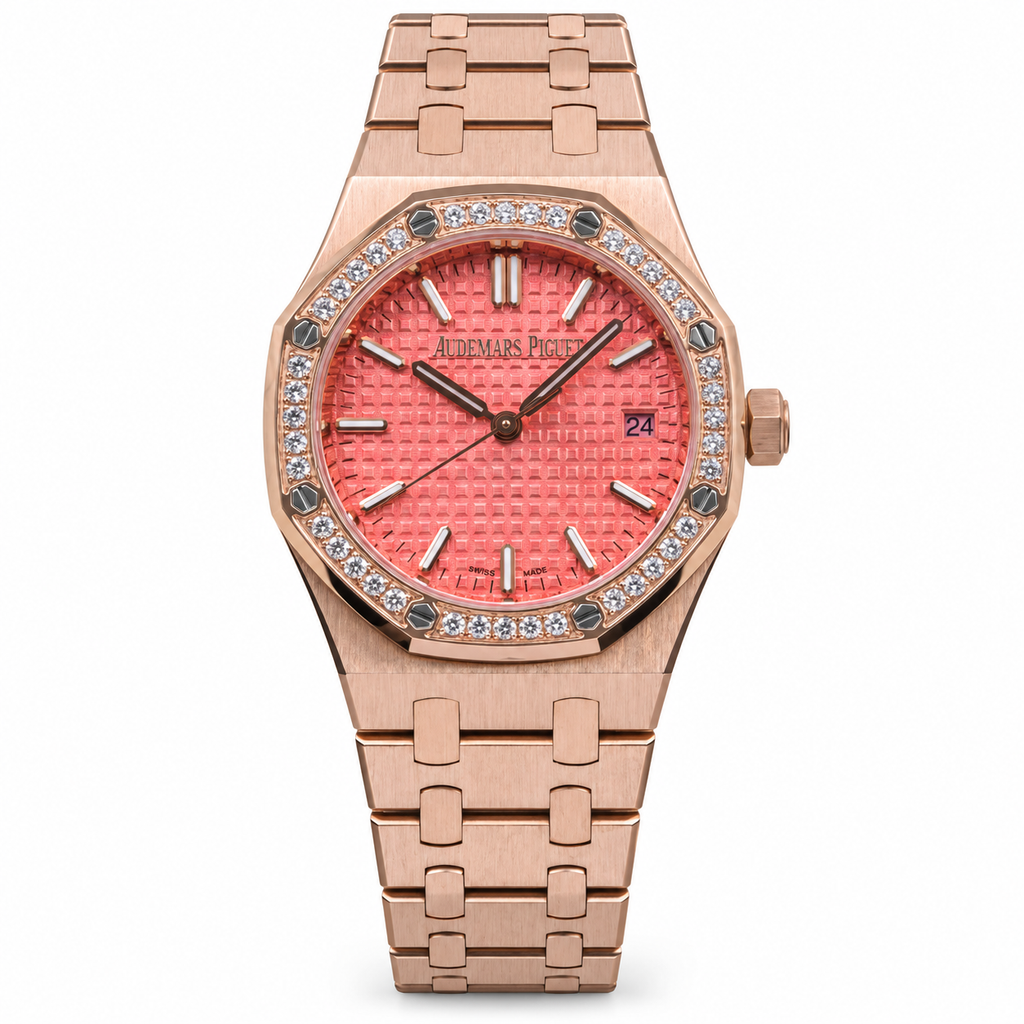 Audemars Piguet Royal Oak Automatic Rose Gold Diamond Bezel Coral Pink