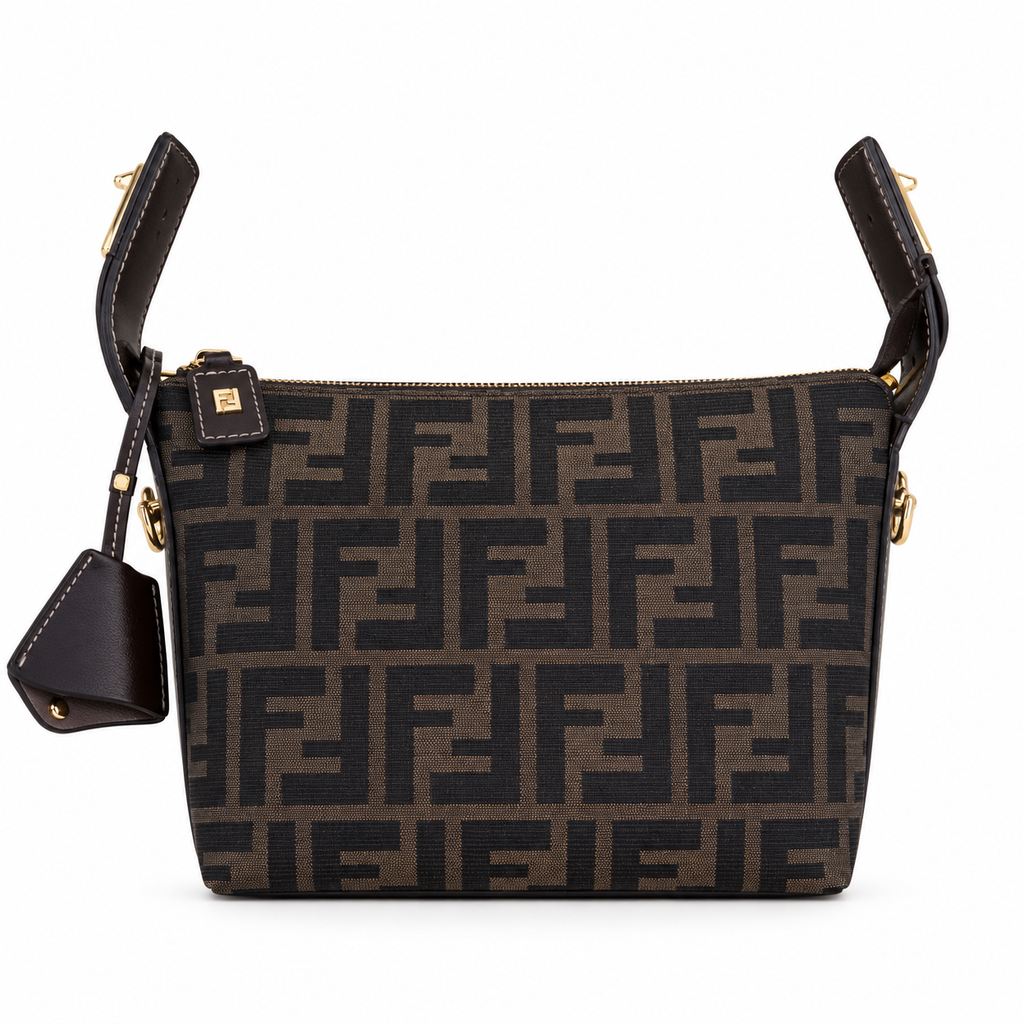 Fendi FF Mini Shoulder Bag – Jacquard Canvas & Leather Trim, Flap Closure, 15cm