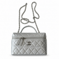 Chanel Silver Metallic Quilted Caviar Vanity Box Bag | Top Handle & Silver Chain