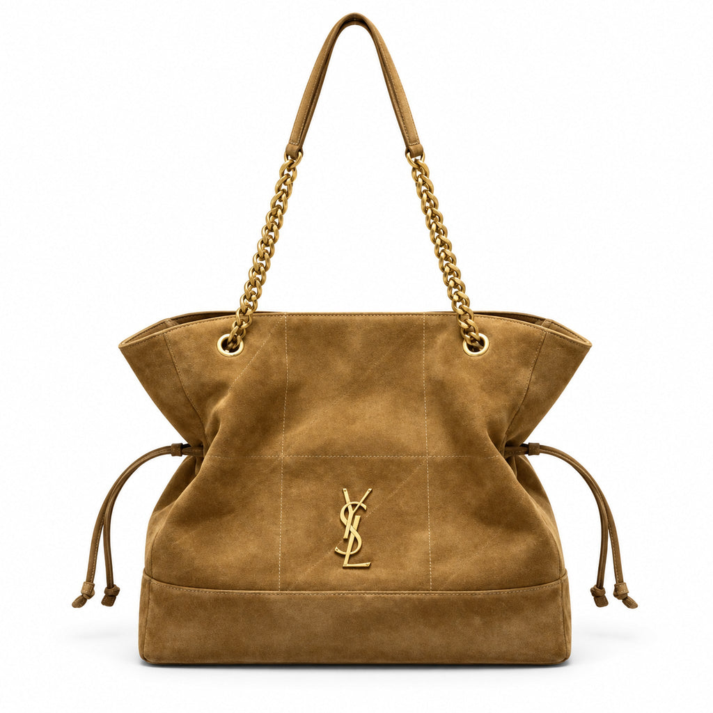 YSL Saint Laurent Jamie Tote Bag in camel tan suede with quilted stitching, gold chain strap and YSL Cassandre monogram